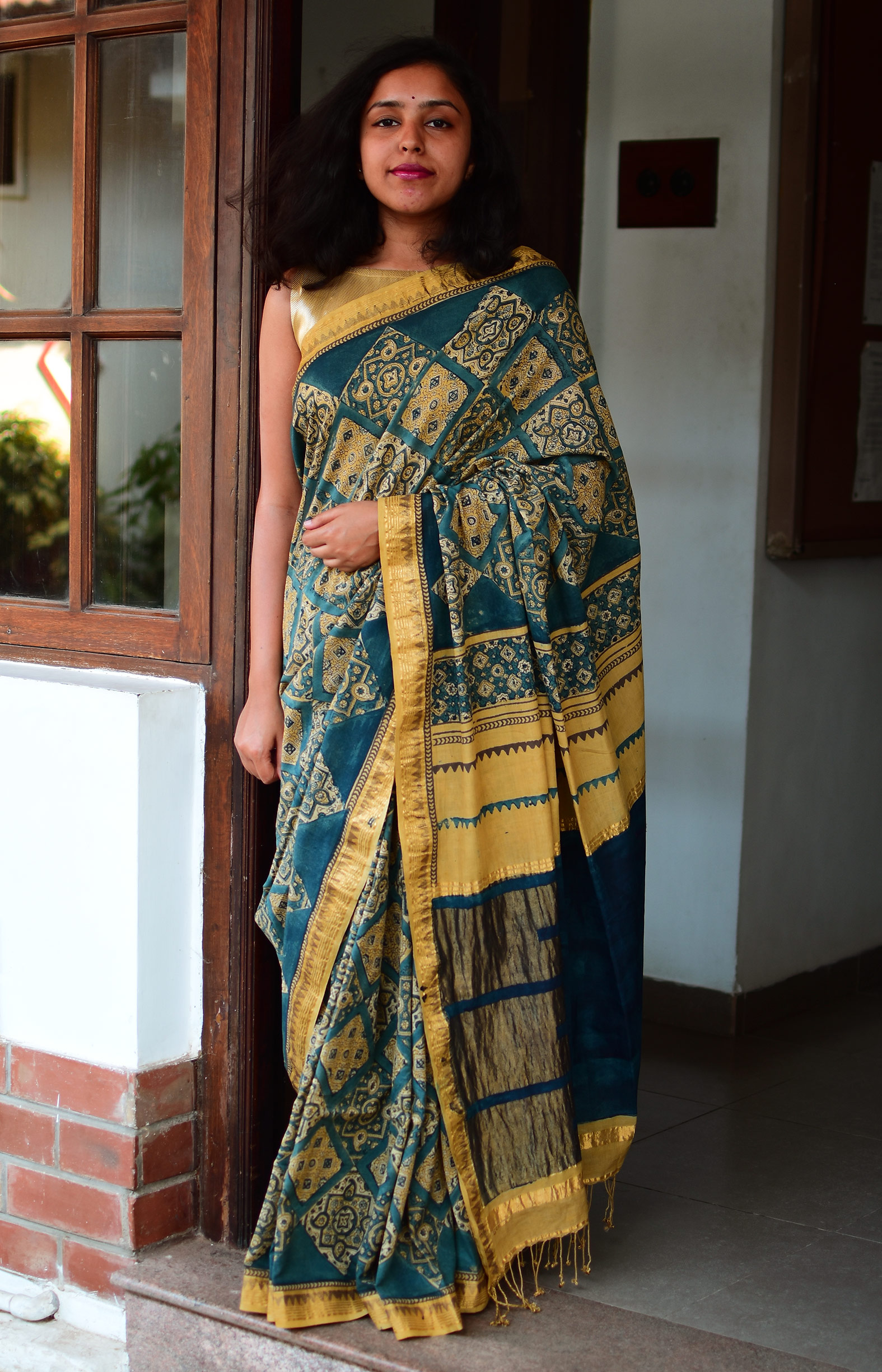 Indigo Blue with Yellow, Handwoven Organic Cotton, Plain Weave , Natural dye, Hand block printed, Occasion Wear, Jari, Ajrakh Saree